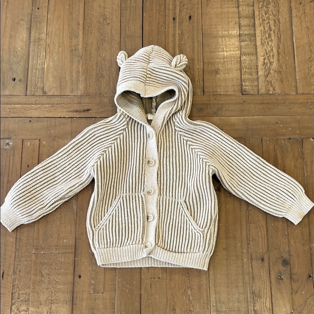 Jamie Kay Beige Olive Knit Kids Bear wear hooded sweater 6-12 months